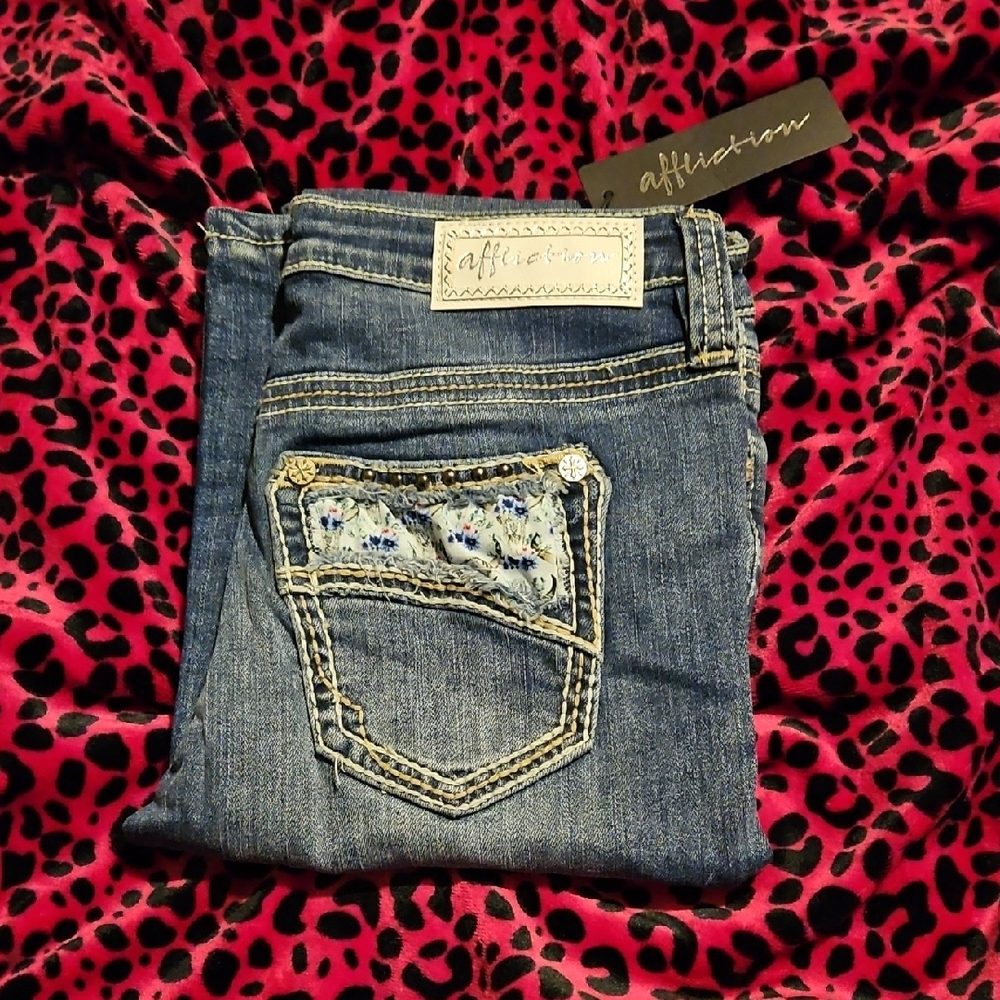 Affliction Blue Jeans with Floral Pocket Detail